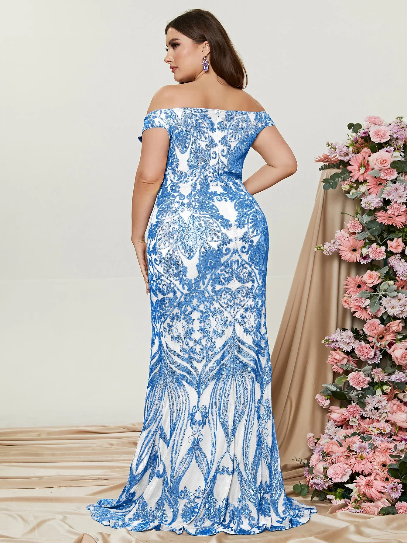 Plus Off Shoulder Split Thigh Sequins Dress