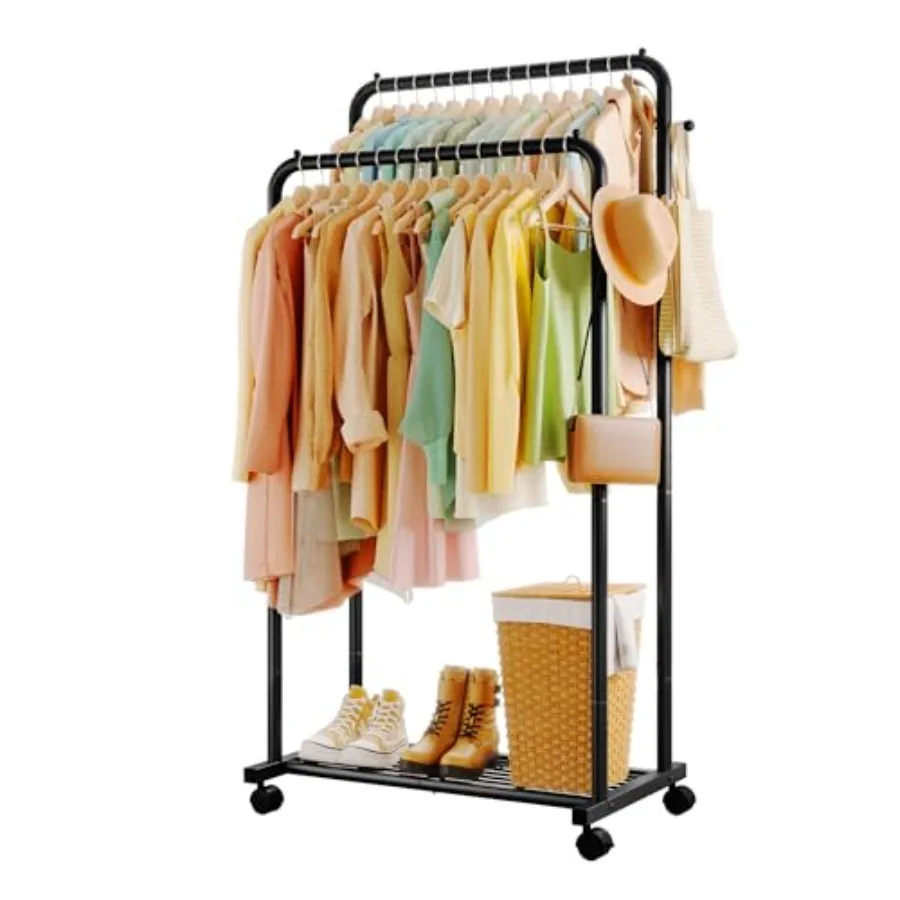 

Clothes Rack - Double Rods Clothing Rack with Mesh Shelf Hooks and Wheels Metal Clothing Racks for Hanging Clothes and Bags Mul