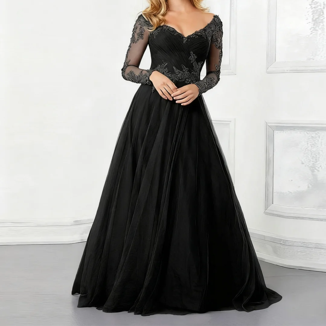 

Black Applique Customized Mother Of Bride Dress Illusion Long Sleeve Open Back Floor Length Gown for Wedding Customized