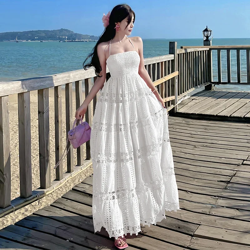 Elegant เย็บปักถักร้อยผ้าฝ้าย Hollow Out Prom ชุดราตรีสีขาวผู้หญิงฤดูร้อนรัดตัว Top Slash คอชุดราตรีสาย