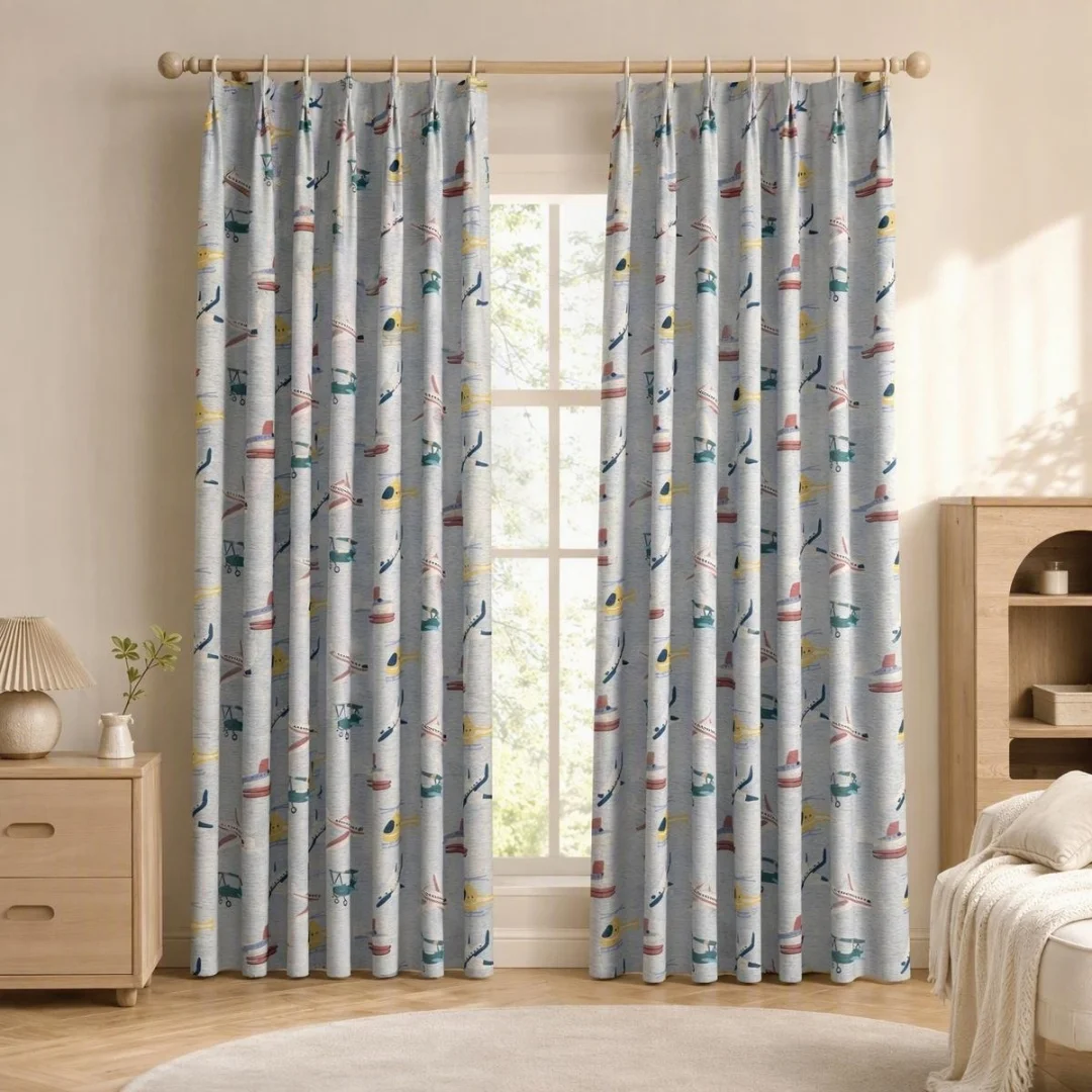 Cute Aircraft Transport Print Curtain,Textured Woven Drapes,Cartoon Window Curtains for Boys Kids Bedroom Nursery Home Decor