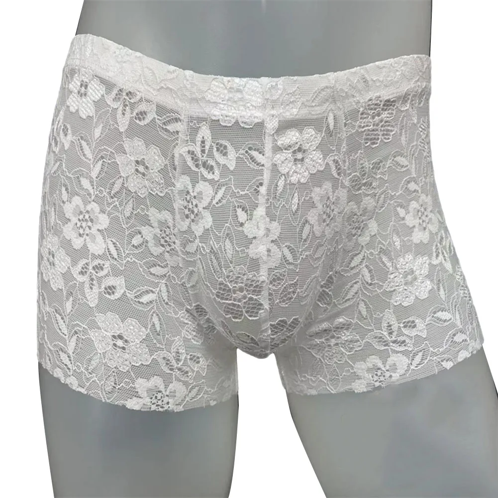 

Sexy Mens Sheer Lace Perspective Briefs Underwear Lace Jacquard See Through Shorts Middle Waist Underpants Sissy Underwear