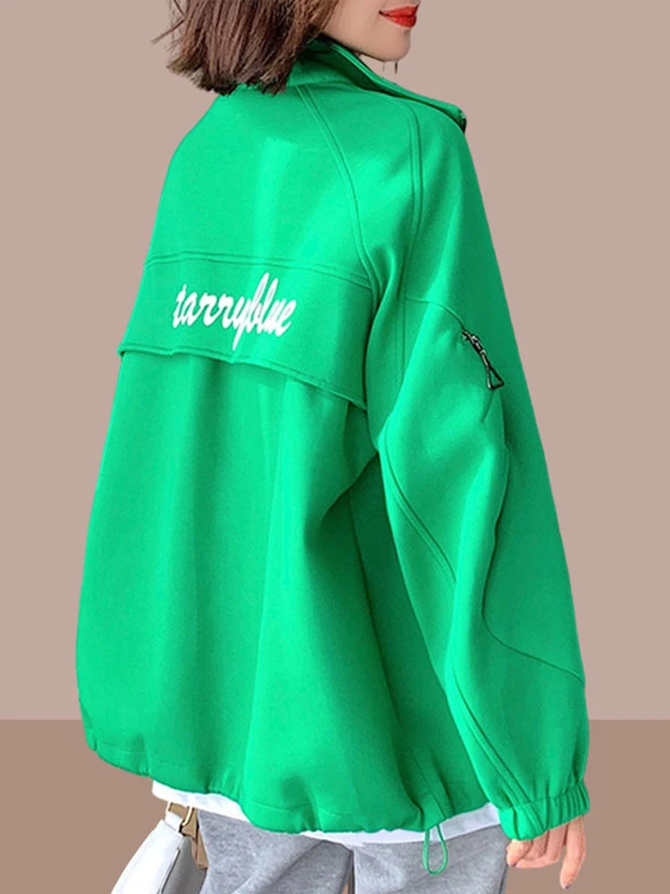 Green Ladies Short Casual Baseball Jacket Spring Autumn New Style Large Size Women's Coat Commute Style Loose Fit Multi Pocket