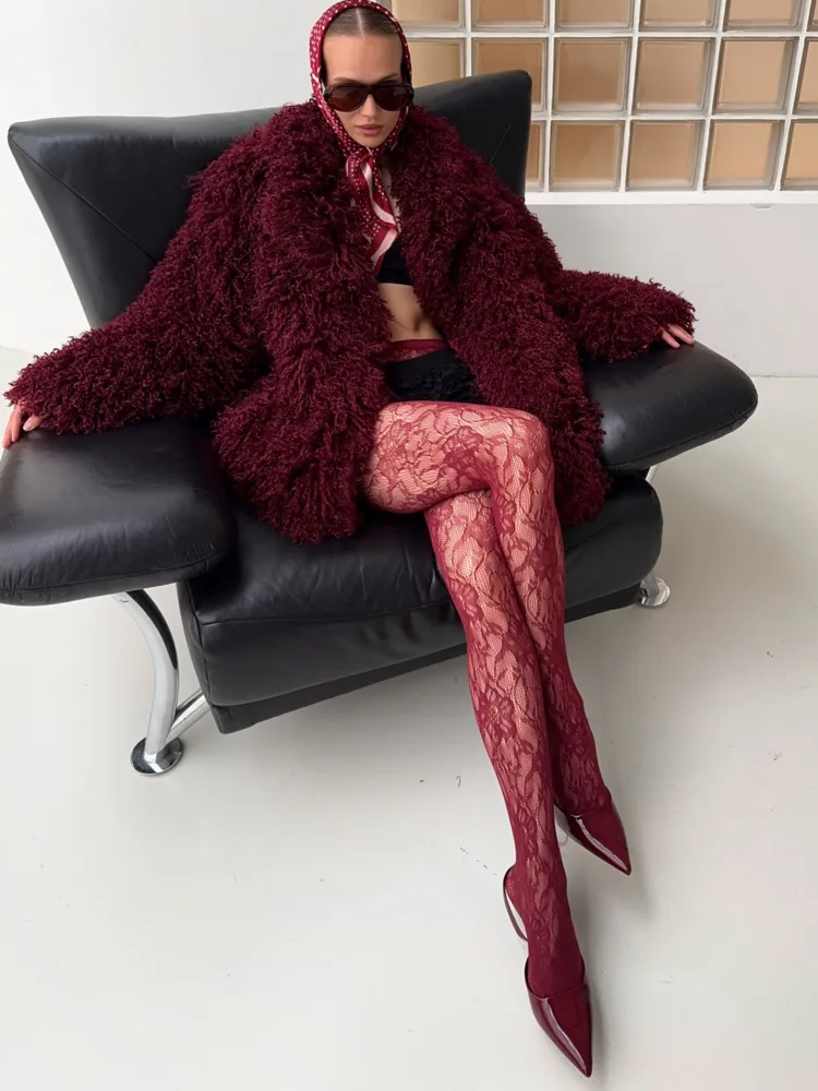 DFDG Abrigo de piel esponjosa burdeos de invierno para mujer, abrigo de manga larga de gran tamaño, ropa de abrigo cálida informal, abrigo de moda femenina de 2025