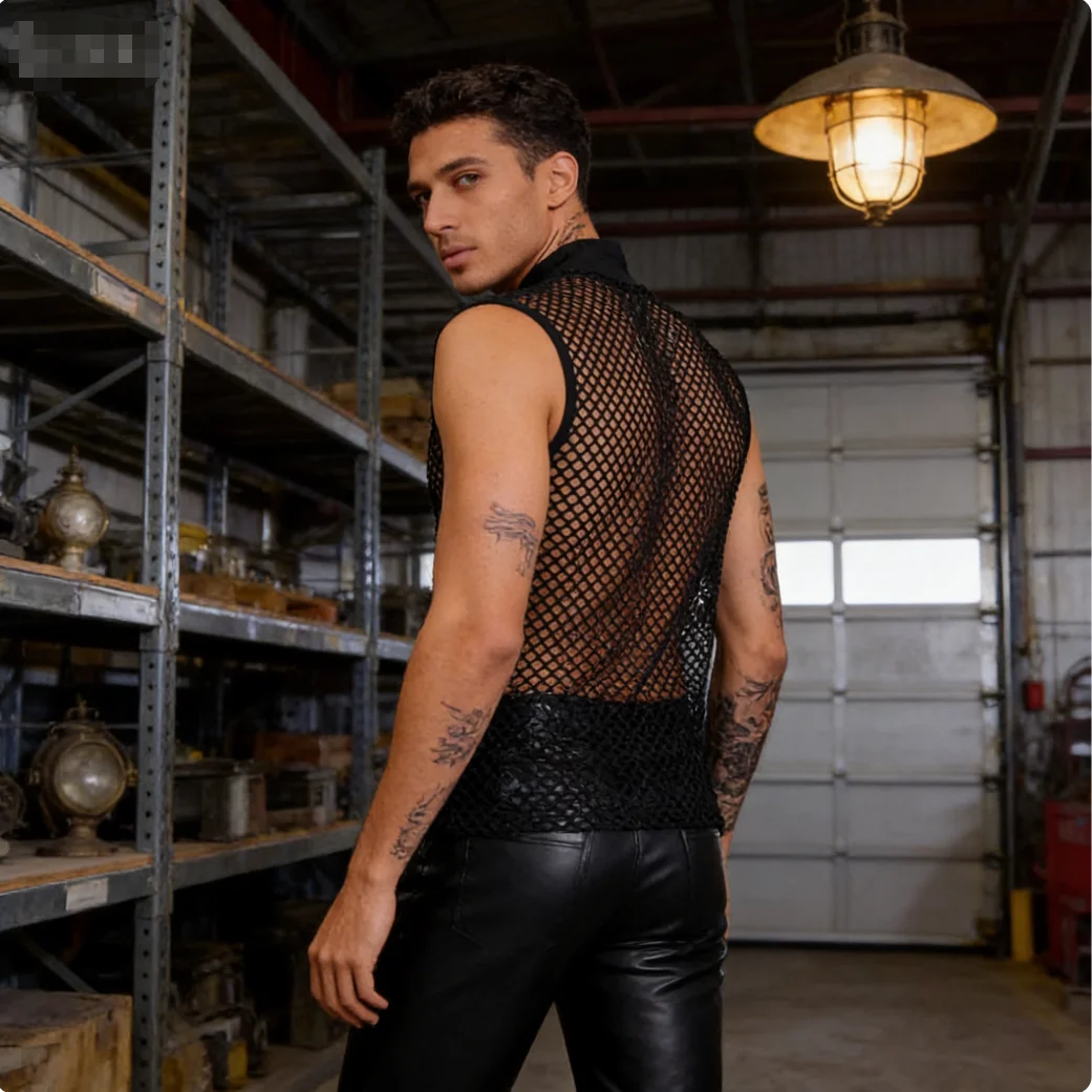 Sexy Hollow Men\'s Vest Soft Comfortable Breathable Fitness Sports Black Vest Elastic Slim Men\'s 6 Minutes Fitness Pants Short