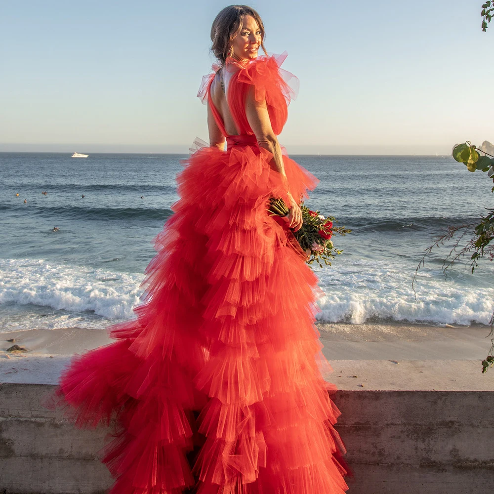 Alta baixa decote em v mangas alargadas uma linha vestido de cocktail de noite personalizado em camadas tule luxo princesa tutu baile de formatura vestido