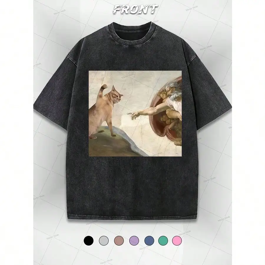 

Men's & Women's Vintage Cat & Angel Art Graphic T-Shirt - 100% Cotton 230gsm Heavyweight Retro Washed Loose Fit Short Sleeve Tee