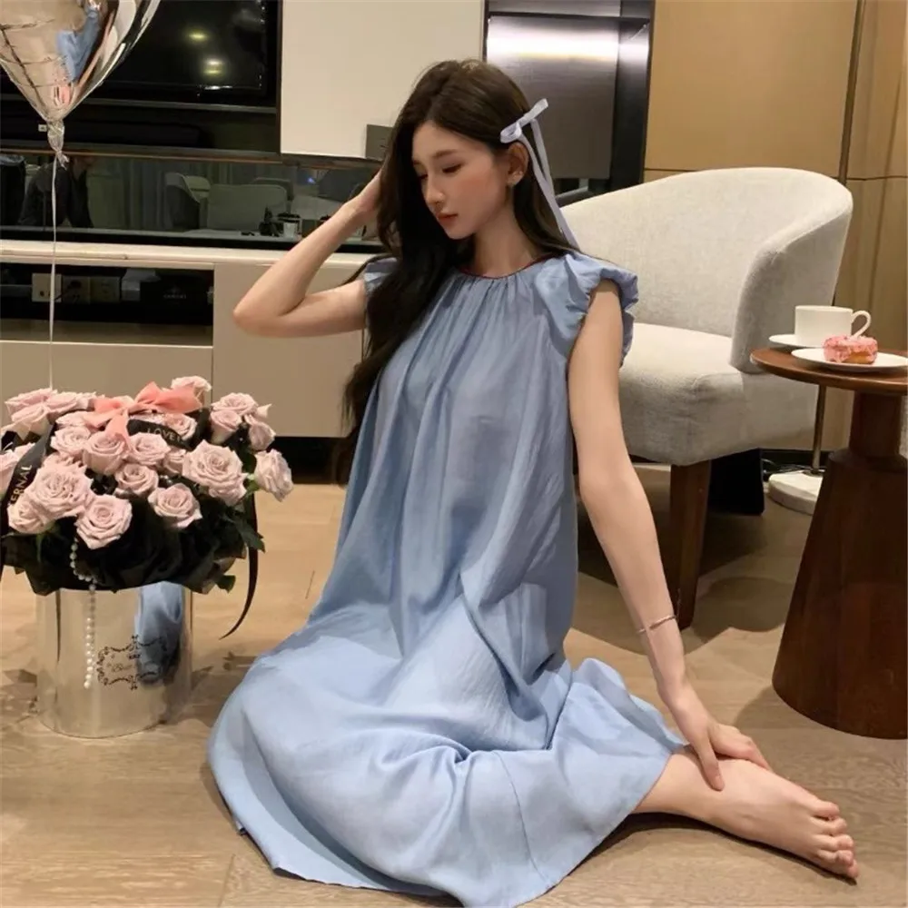 فستان نوم قطني مثير للنساء فستان صيفي ربيعي للمنزل برقبة دائرية بدون أكمام ملابس نوم طويلة