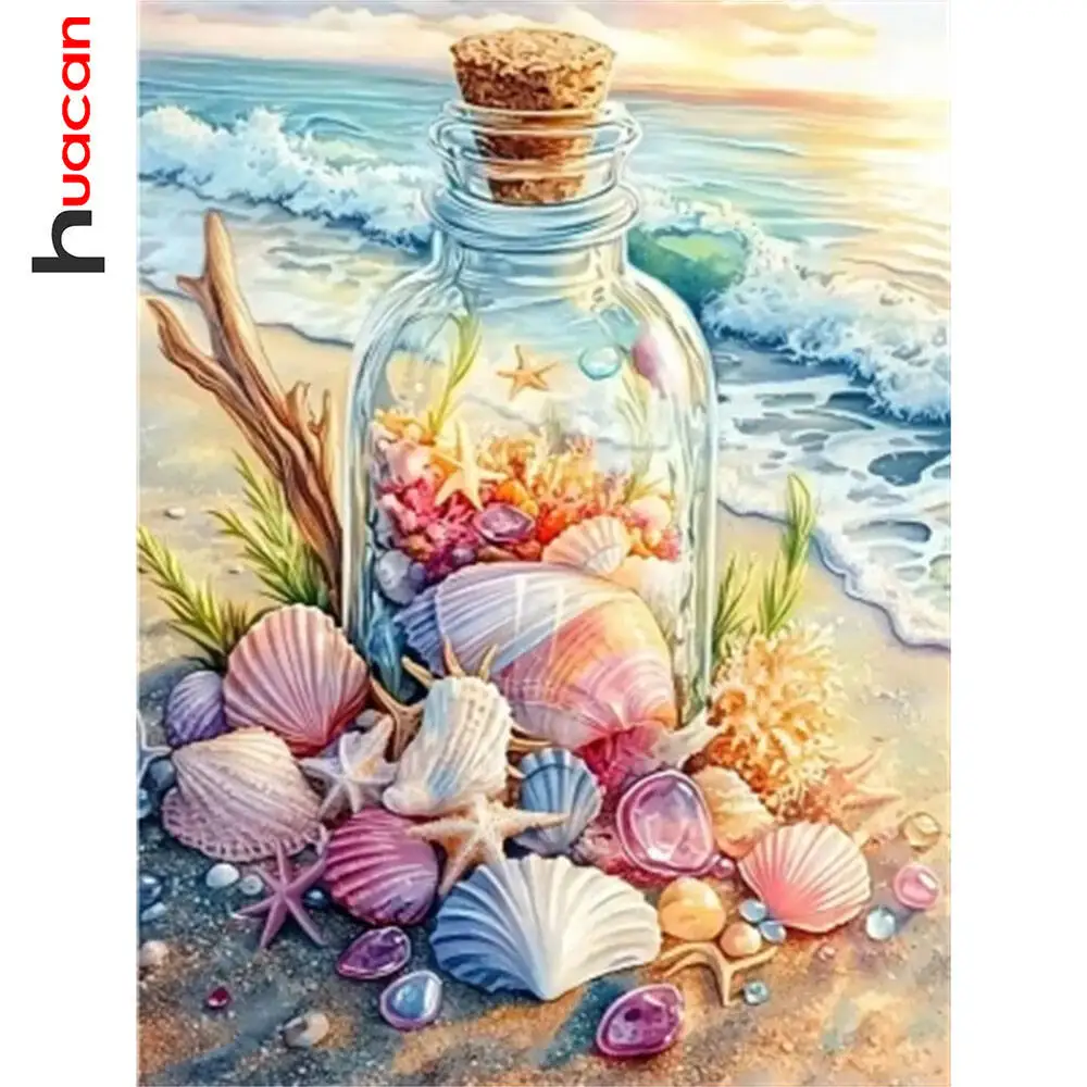 Huacan Full Square Round Diamond Mosaic Drift Bottle DIY Diamond Painting Kits Seaside Shell Scenery Art Wall Decor