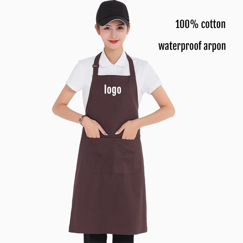 

100% Cotton Apron for Kitchen Women Man Waterproof Chef Work Apron Restaurant Grill Food Shop Cafe Waiter Mandil Logo Customized