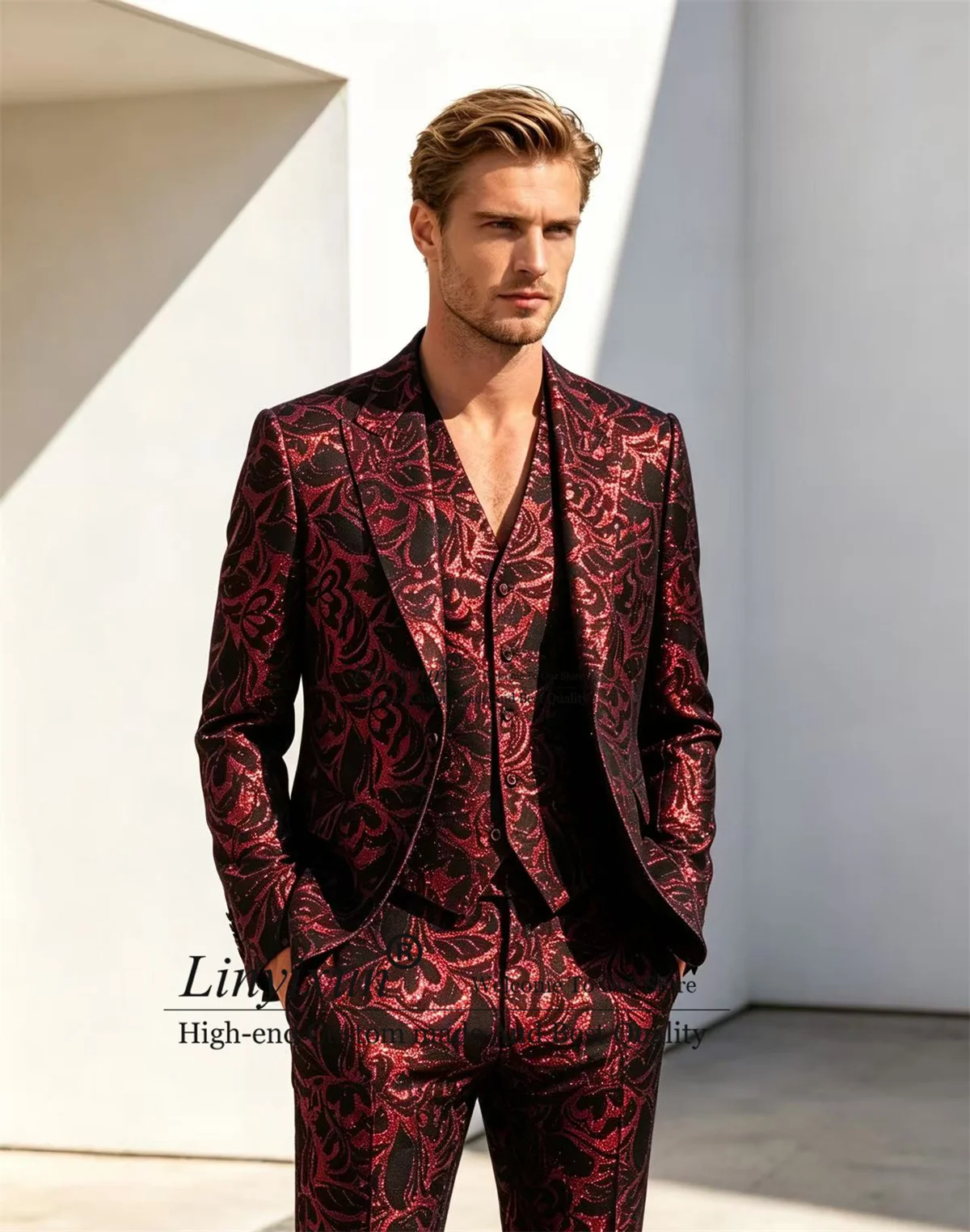 Mens Fashion Trajes - 패션 자카드 남성 정장 3피스 세트