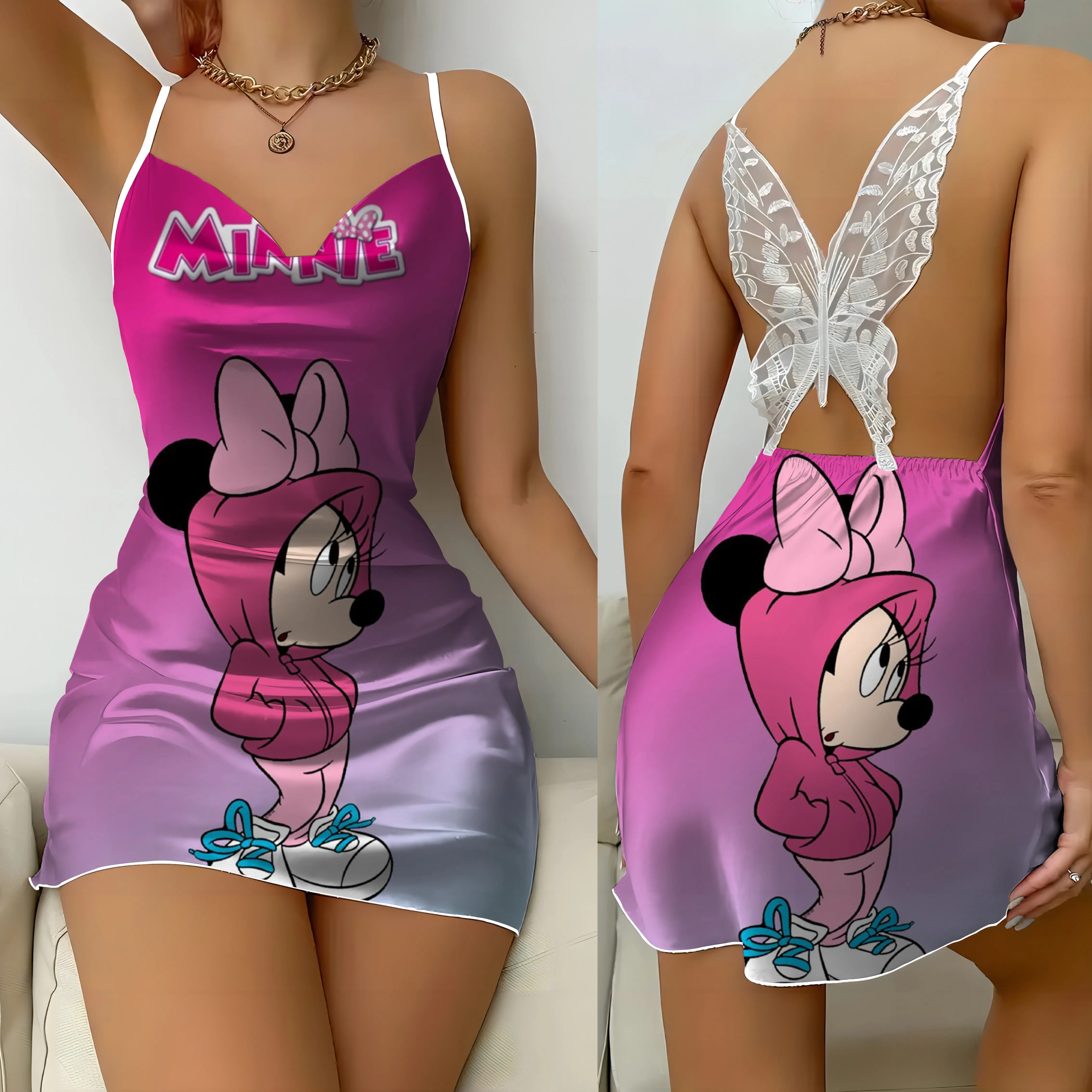 Vestido de fiesta con falda de encaje para mujer, minivestido Sexy con lazo de Mickey y Minnie Mouse, superficie de satén, 2024