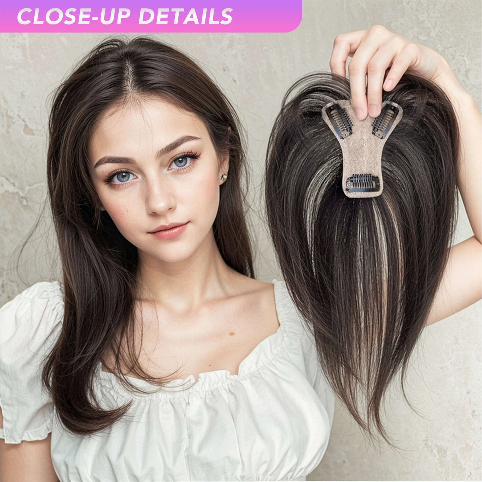 MEISU Human Top Hairpiece Natural Scalp Top Asian Hair Extension For Women Clip In Hairpiece Increase Volume Extension Daily Use