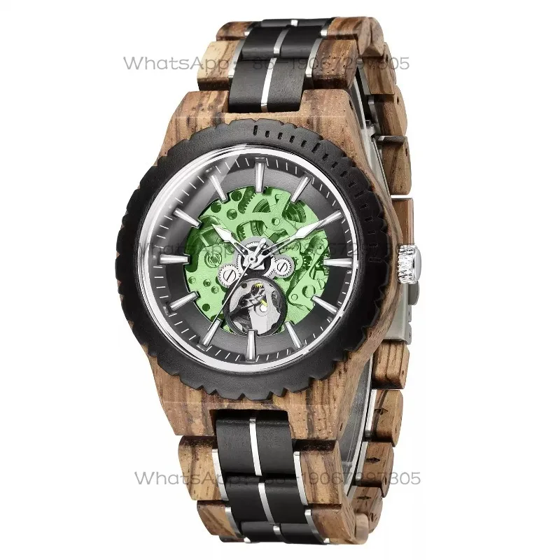 Solid wood watch creates Chinese ancient style, simple business fully automatic mechanical hollow luminous zebra wood watch male