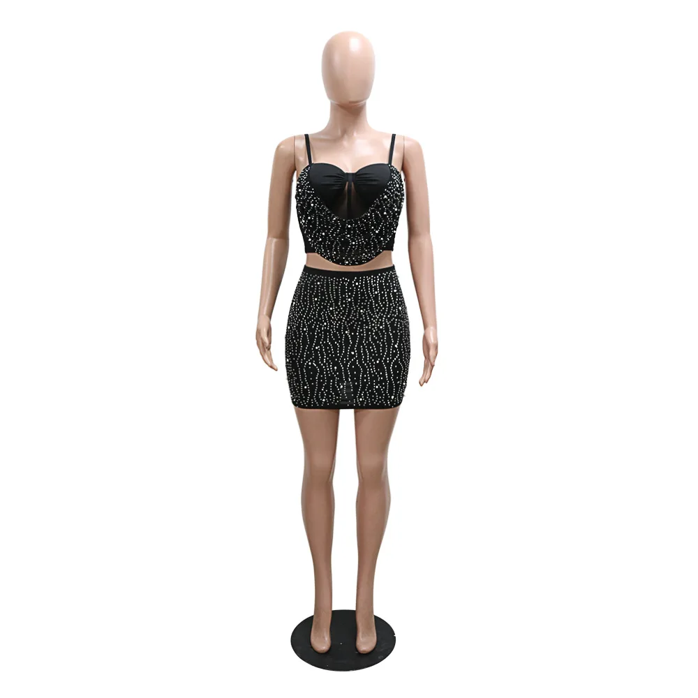 Autumn Women's Suit Fashion Halter Short Top And Hot Drill Bag Hip Skirt Sets Lady Sexy Temperament Elegant Two-Piece Set