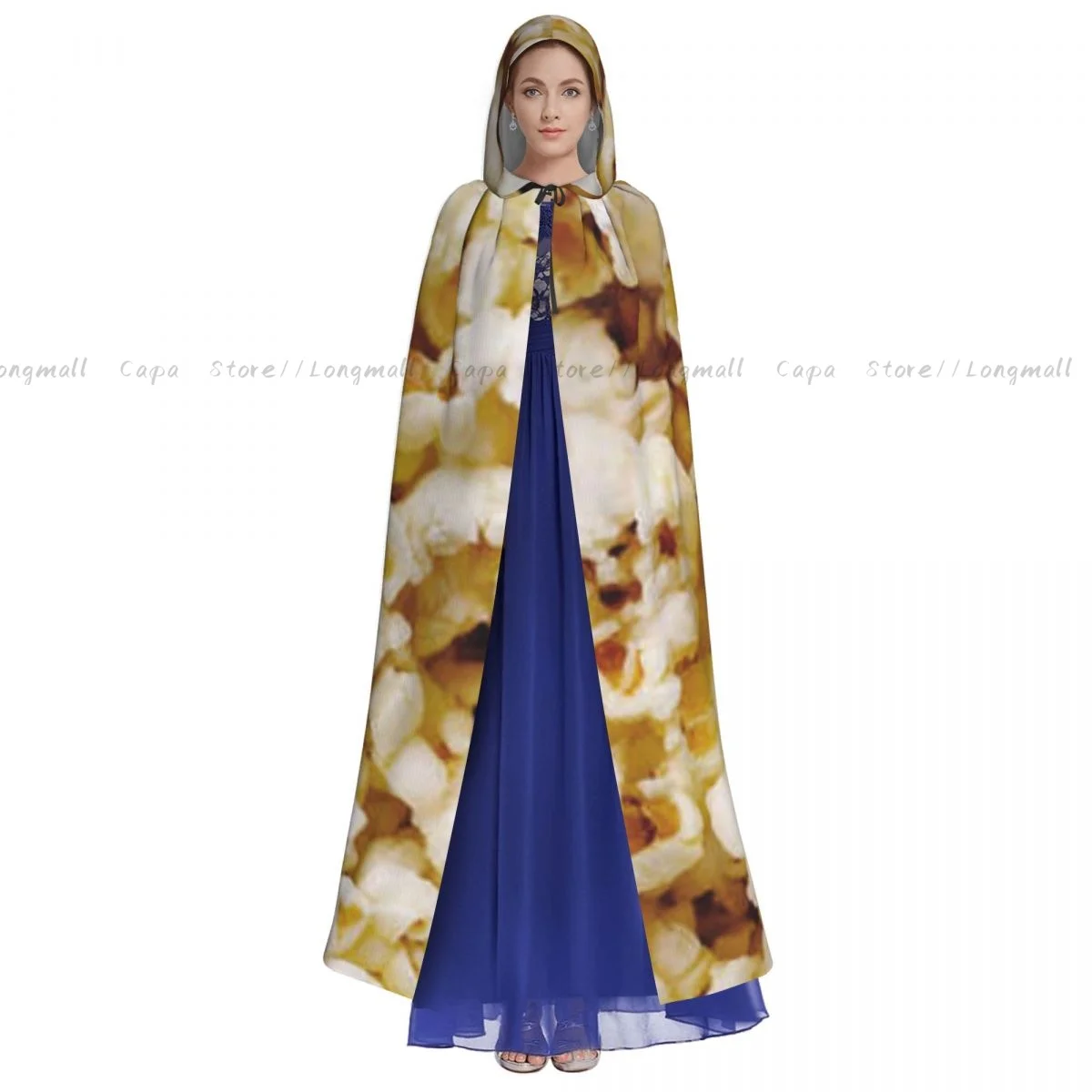 Pop Corn Pattern Cloak Hooded Cosplay Costume Halloween Adult Long Party Cape