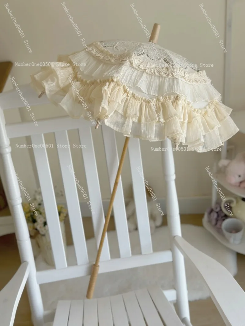 

Lolita Style Long Handle Lace Umbrella Vintage Handmade Wedding Parasol for Girls