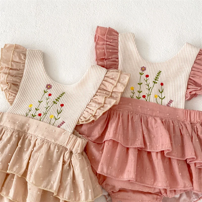 Rüschen Spitze Baby Mädchen Strampler Kleid Sommer Vintage Floral Säugling Stickerei Overall für Kleinkind Mädchen Einteilige Kleidung 0-24M