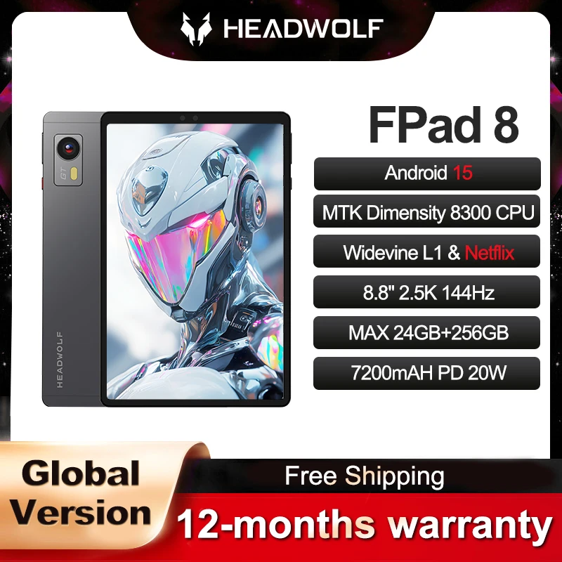 

Headwolf FPad8 Android 15 Tablet 8.8 inch 2.5K 144Hz Display 24GB+256GB, 7200mAh 8MP+16MP Camera, SIM 4G LTE WiFi 6 GPS