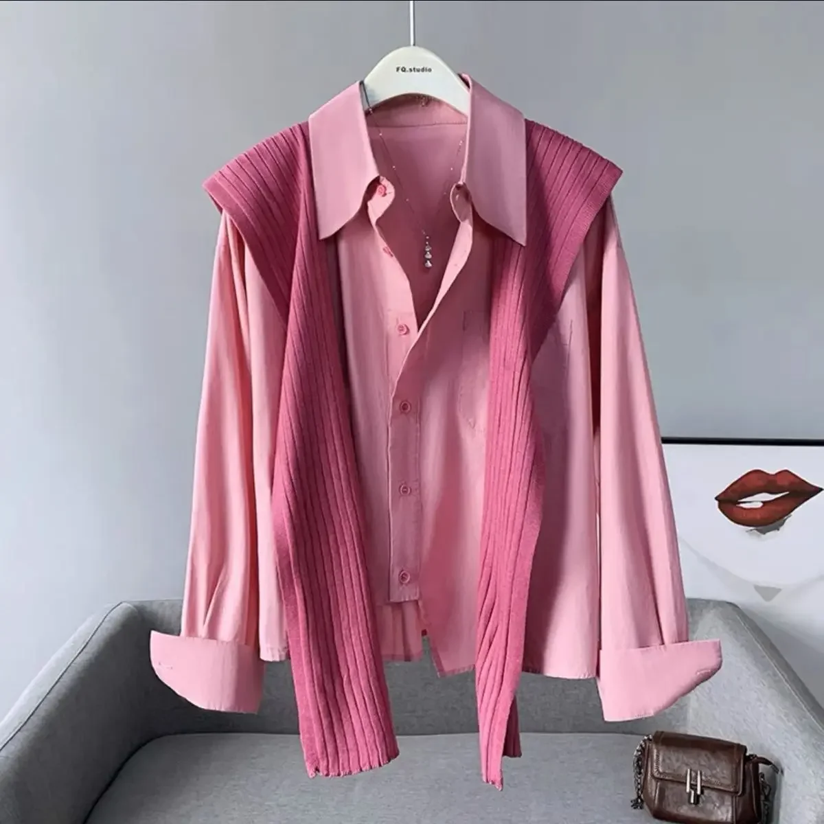 

Shawl long sleeved two-piece shirt for women in the spring of 2024, new loose fitting shirt with irregular hem and layered top