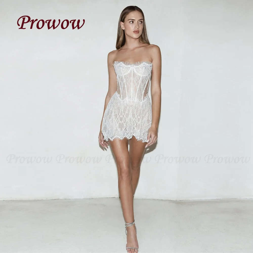

Prowow Sexy Sweetheart Neck Short Wedding Dress Transparent Lace Mini Bridal Gown Sleeveless Corset Back 2025 Women Customized