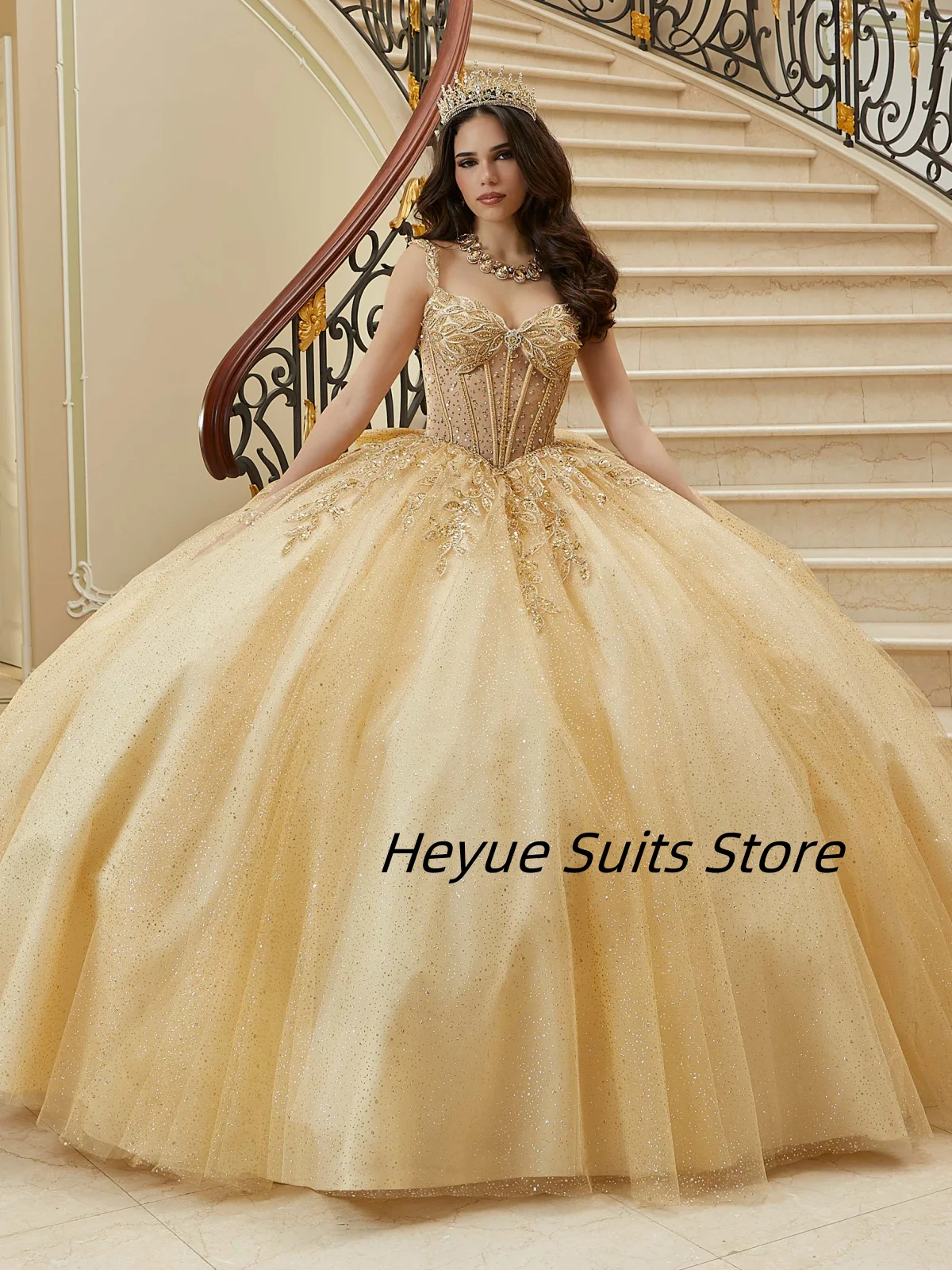 ที่กําหนดเองชุดบอล Quinceanera ชุดคริสตัลลูกปัดประกายชีฟองโลหะเย็บปักถักร้อยเพชรชุด vestidos de 15 quinceañeras