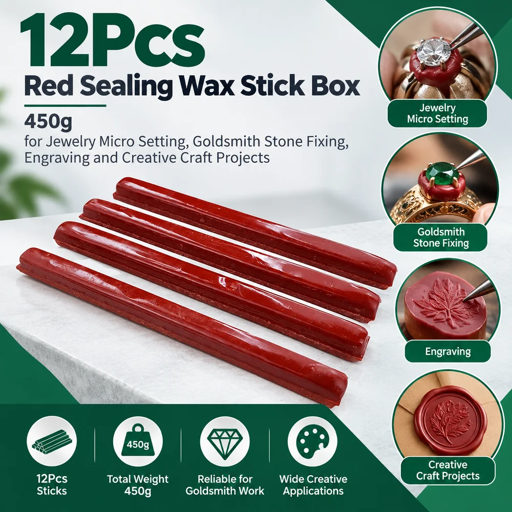12Pcs Red Sealing Wax Stick Box, 450g, for Jewelry Micro Setting, Goldsmith Stone Fixing, Engraving and Creative Craft Projects