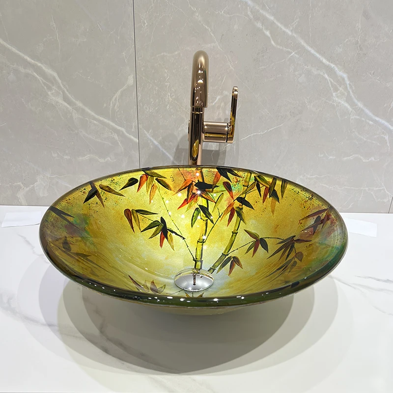 

Hand drawn bamboo leaf tempered glass countertop basin, retro Chinese style art washbasin, household bathroom washbasin GN227BO
