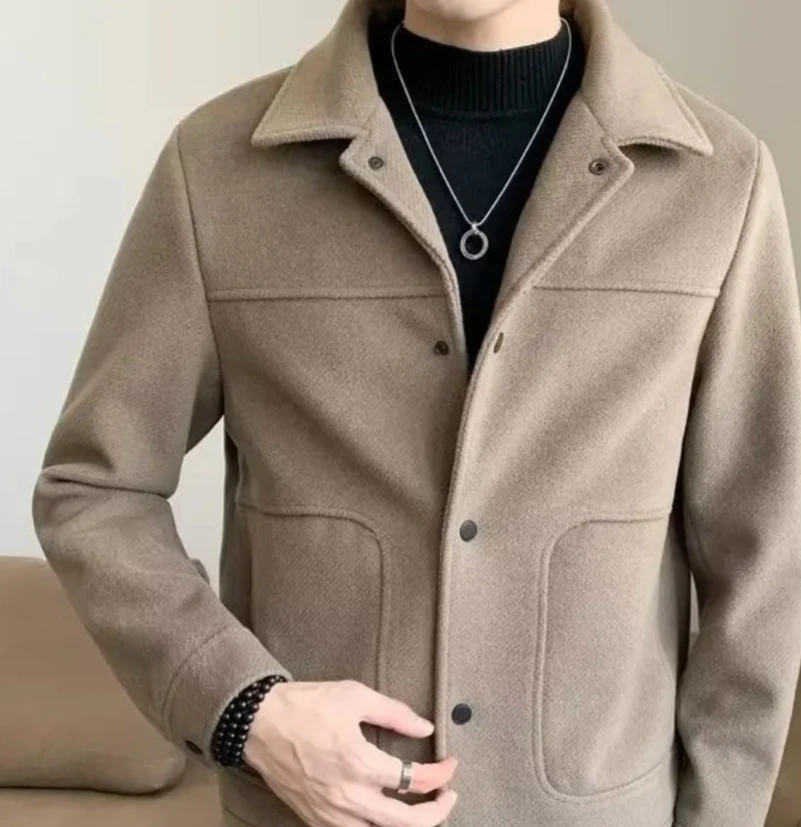 

Autumn Winter Men Warm Jackets Turn-down Collar Single-breasted Woolen Coats Slim Fit Male Long Sleeve Solid Color Outerwear