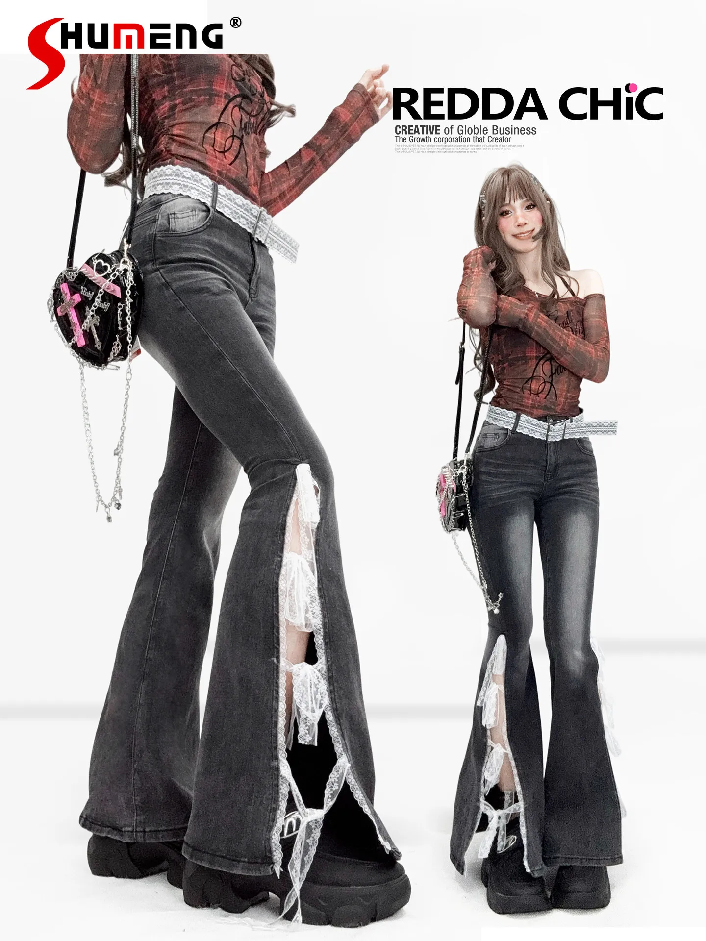 

American Style Sweet Cool Girls Y2k Jeans High Waist Slim Lace Bow Split Versatile Casual Flare Pants Trousers Women Summer 2026