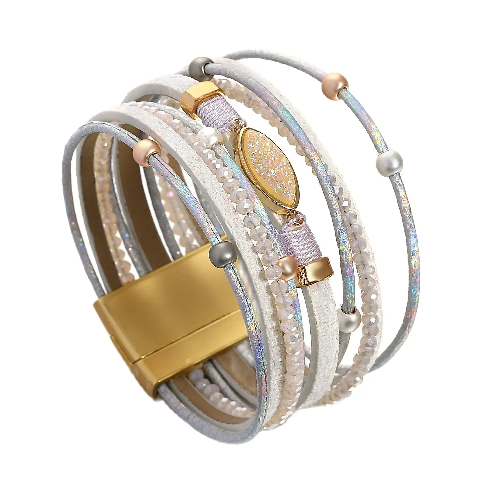 ALLYES Boho Resin Stone Leather Bracelet for Women Elegant Crystal Beads Chain Multilayer Wrap Bracelet Fashion Jewelry Gift