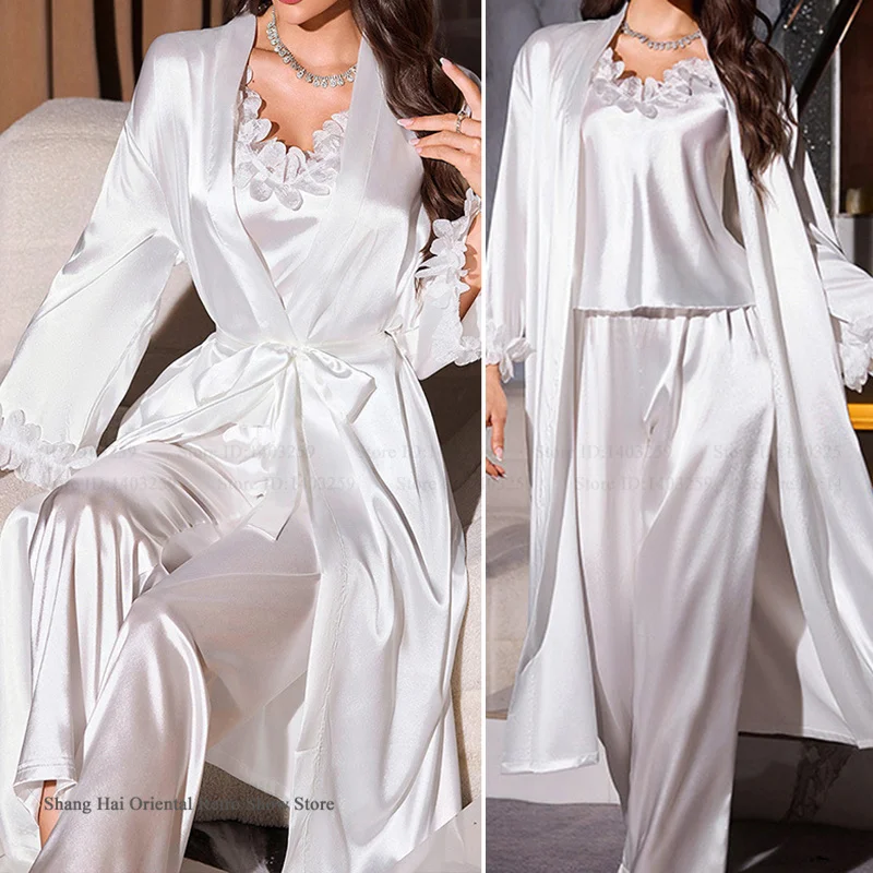 

Spring Autumn New Female Pajamas Sleepwear 3PCS Set Sexy Lace Long Bath Robe Kimono Gown Homewear Loose Satin Pijama Loungewear