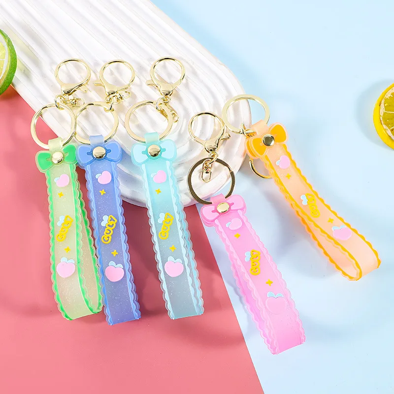 

Minso silicone glitter translucent color bow leather rope keychain with oil doll style cartoon bag gift accessory