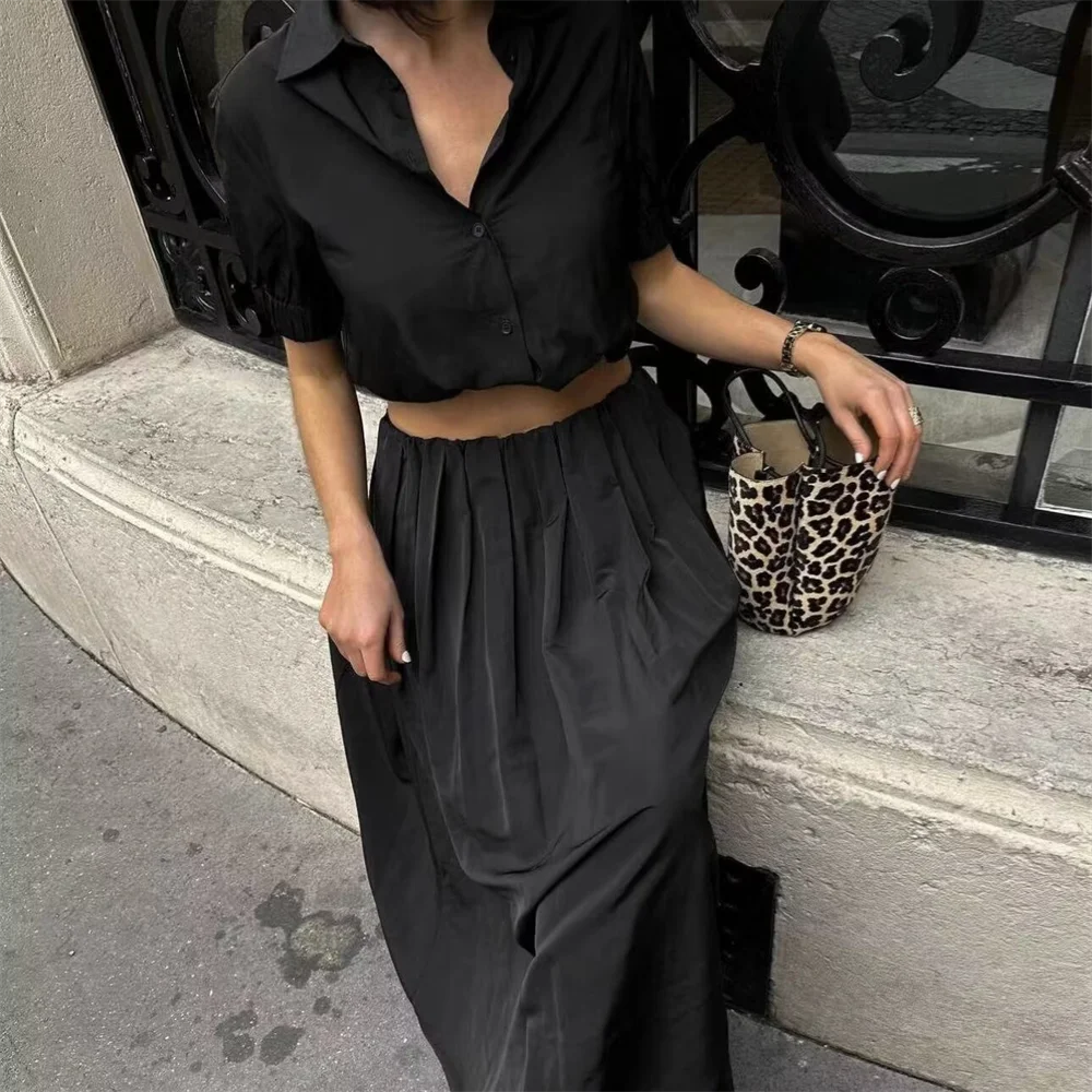 ZA2024 Autumn New Women\'s Fashion Style Casual Solid Color Simple and Versatile Collar Shirt Wide Swing Midi Skirt Set
