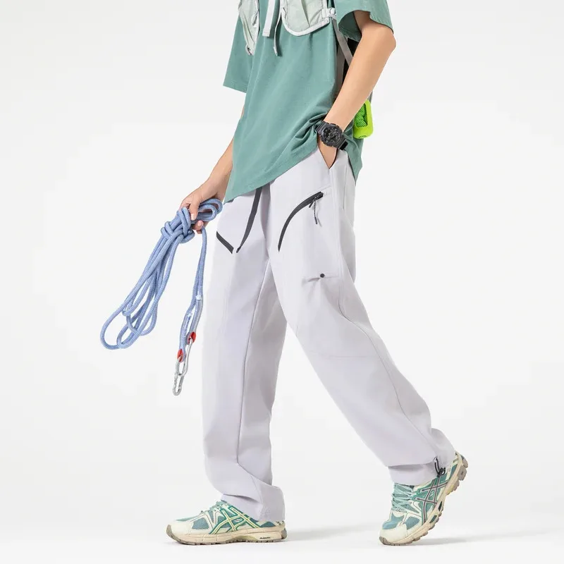 

2025 Autumn Drawstring Sweatpants Men's White Fashion Zipper Multi-Pockets Casual Wide Pants Loose Straight Casual Male