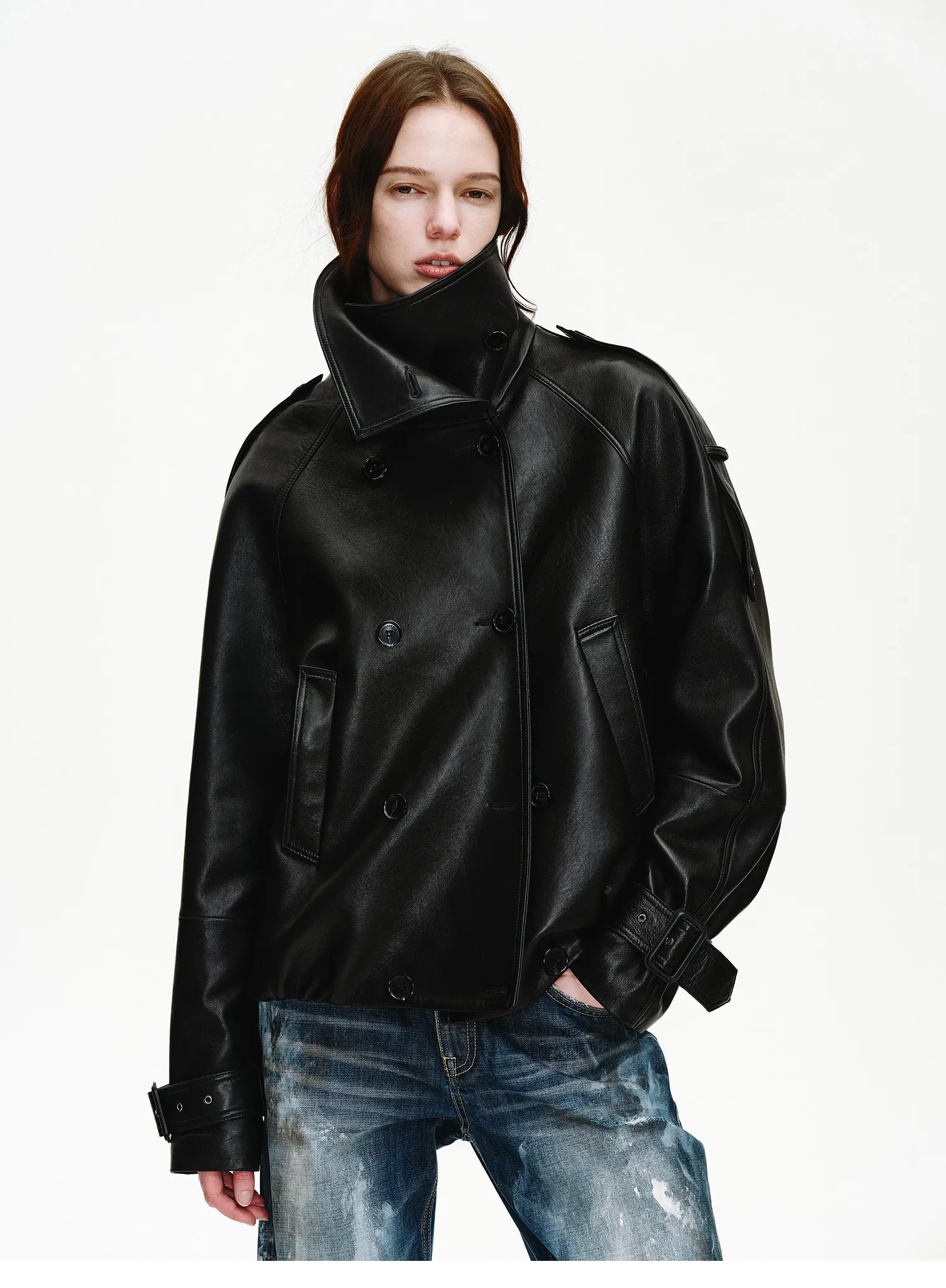 Lautaro Spring Autumn Cool Handsome Oversized Black Pu Leather Jackets for Women Double Breasted Luxury Designer Clothes Fashion