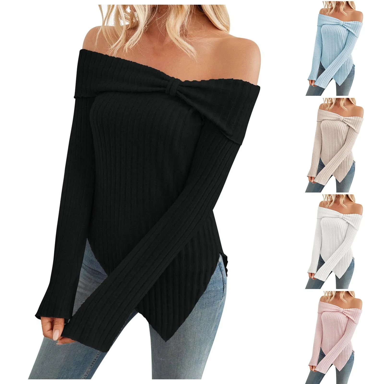 Elegant Sweaters For Women Solid Color Long Sleeve Off The Shoulder Bow Tight Asymmetrical Casual Crochet Spring Pullover Tops