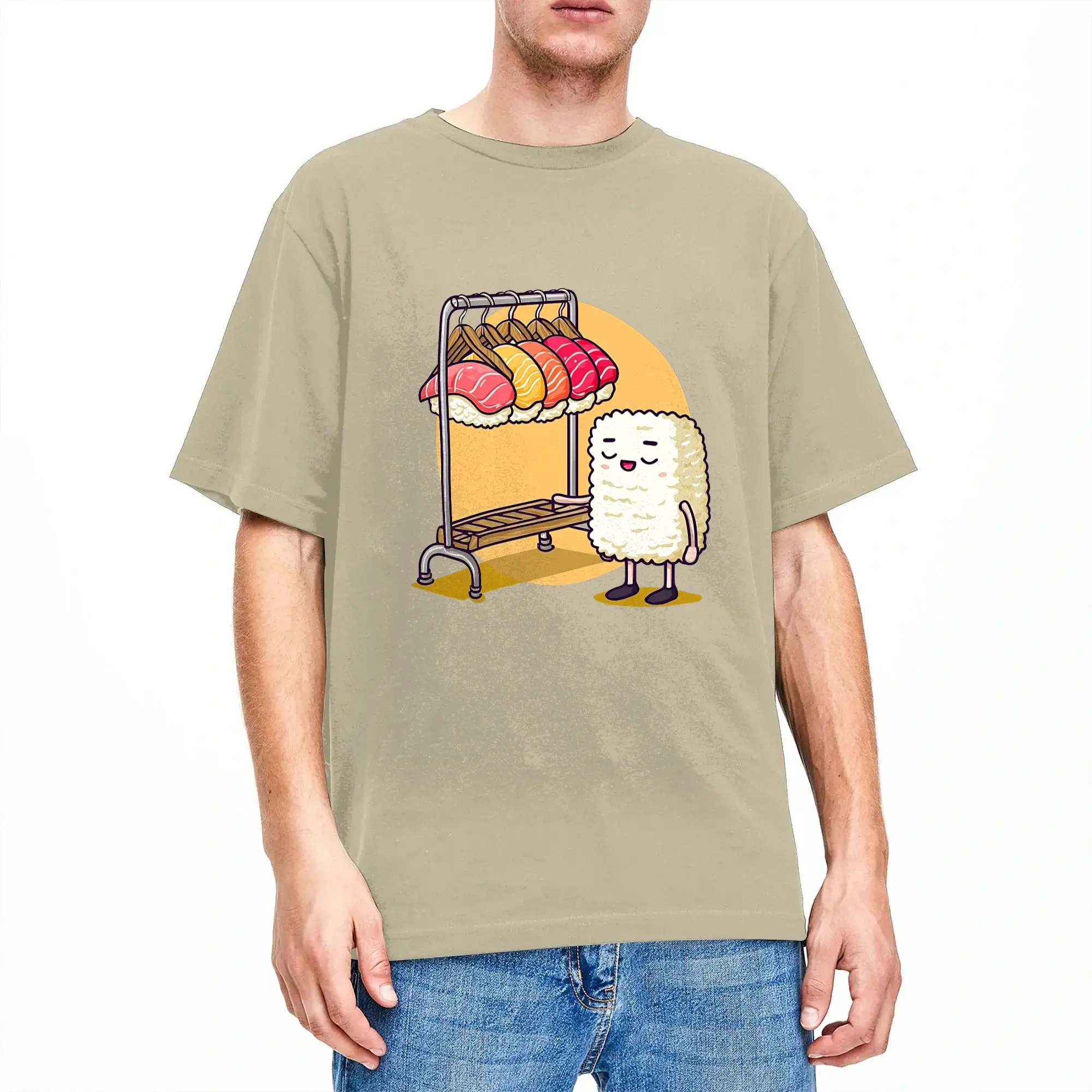 Funny Sushi Wardrobe  T-Shirt Men's Cotton Tops Shirts Printed  Round Neck Short Sleeve
