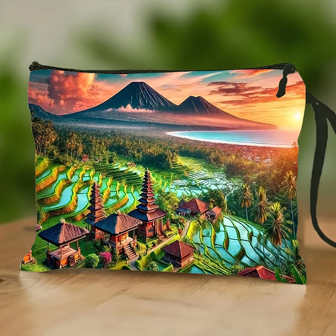Indonesia Scenery Canvas Bag, Volcano & Rice Terrace Design, Portable Travel Cosmetic Organizer