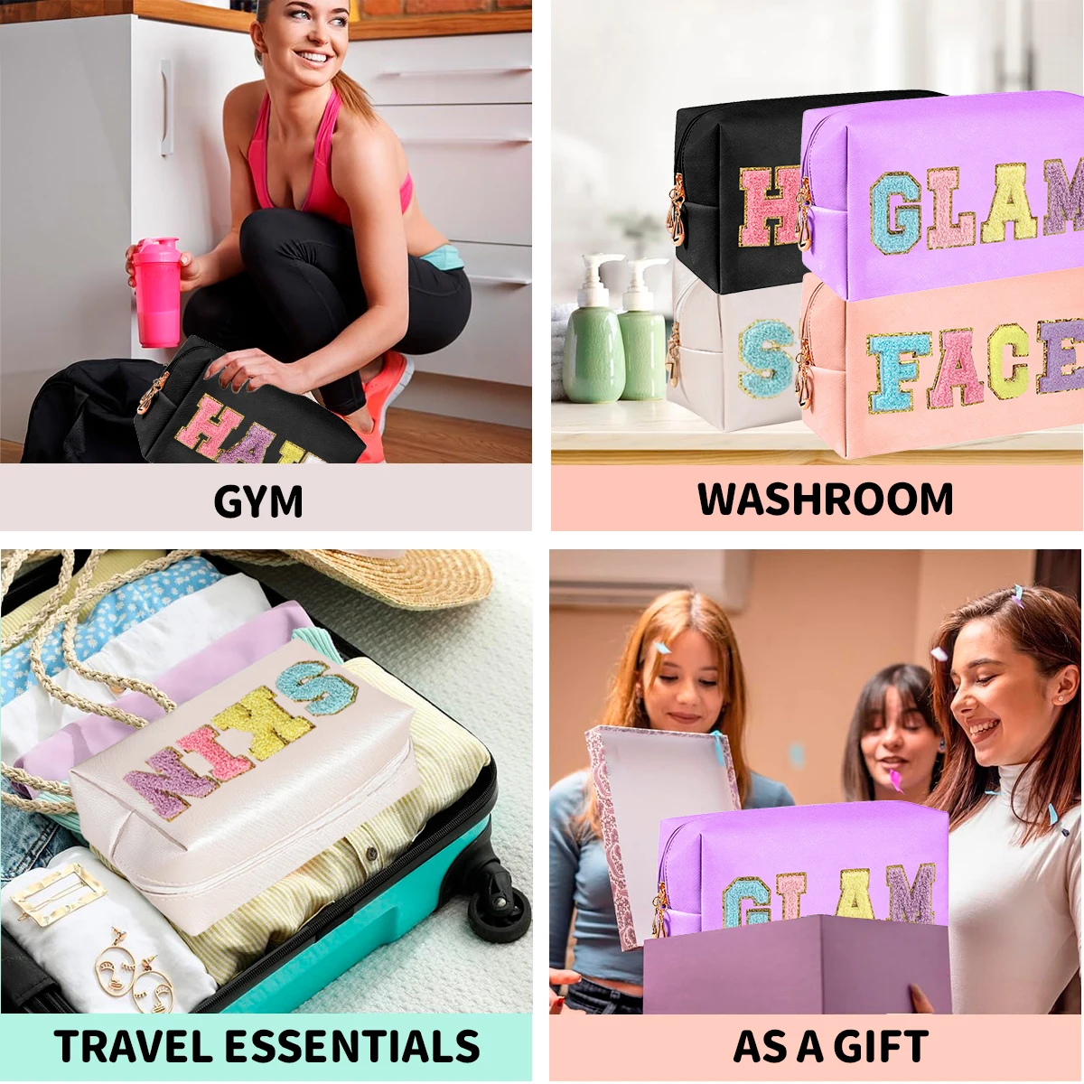 Chenille Letter Cosmetic Bag PU Leather Waterproof Pouch Cute Zipper Organizer, Skin, Hair , Face and Glam.-zmt