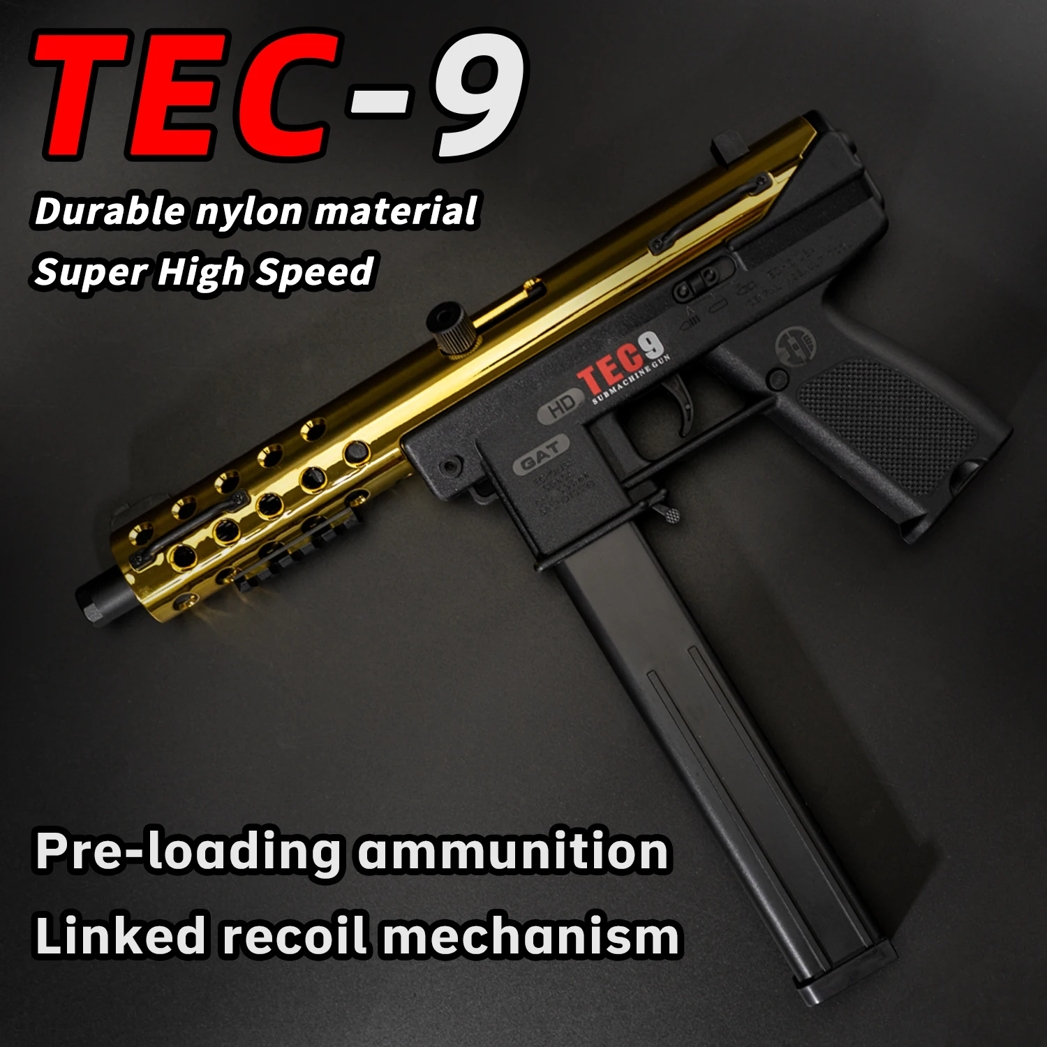 Pistola de juguete de bolas de gel TEC-9 de alto rendimiento, lanzador Orbeez, batería modular, cargador eléctrico de pre-carga, sin balas