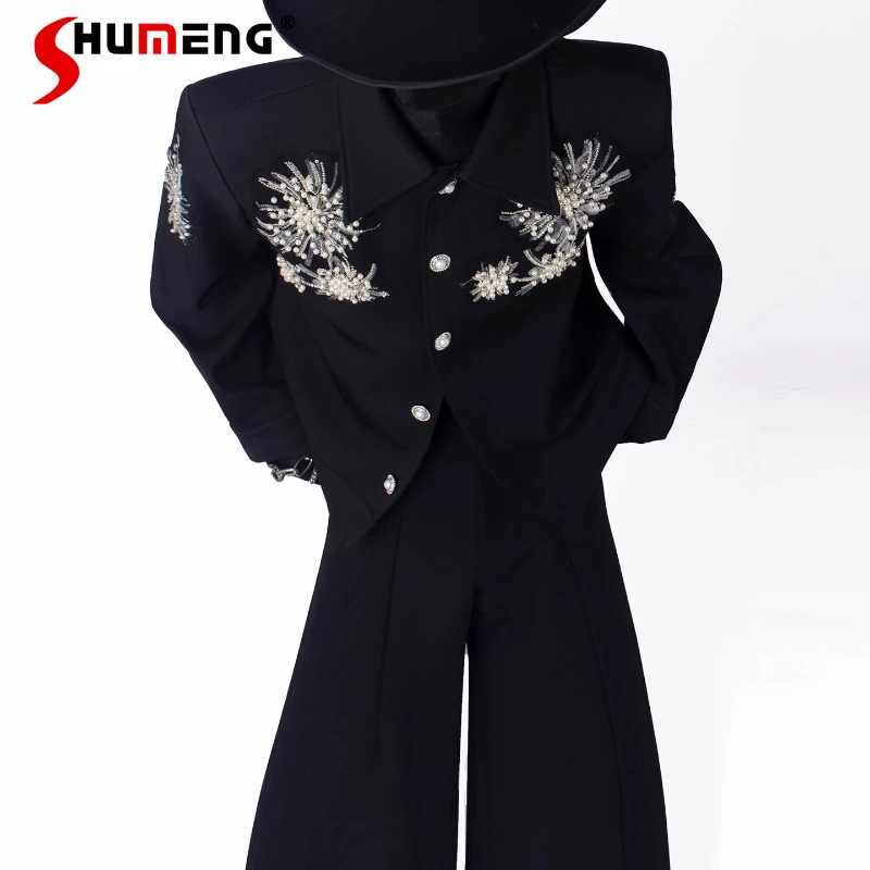 سترة رجالية جديدة لخريف 2025 أنيقة مطرزة باللؤلؤ معاطف عصرية وسيم للرجال سترات فضفاضة مريحة بأكمام طويلة #1