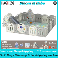 Baby Plastic Playpen Astronaut Theme Foldable Fence with Car Steering Wheel Basketball Hoop & Soccer Goal for Kids over 3 Months