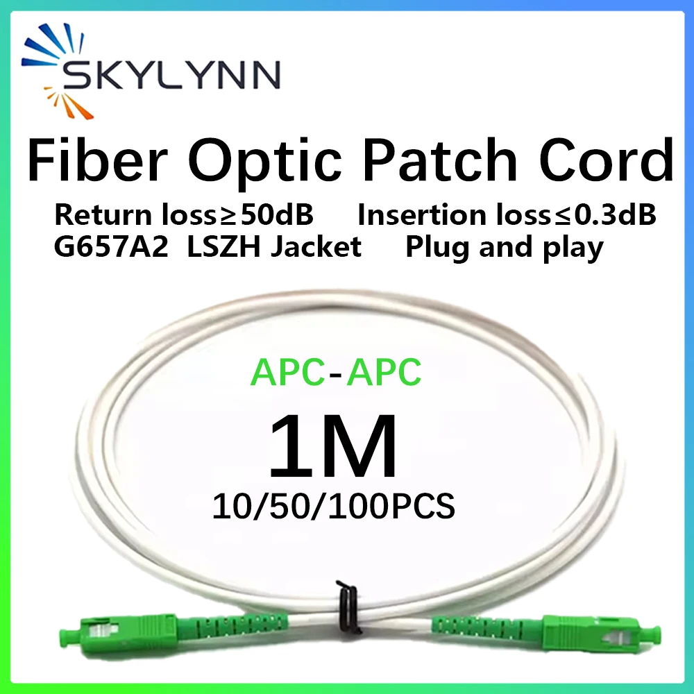 1M APC SC to SC APC G657A2 Fiber Optic Patch Cords White Singlemode Simplex Indoor Extension Cord 10/50/100PCS