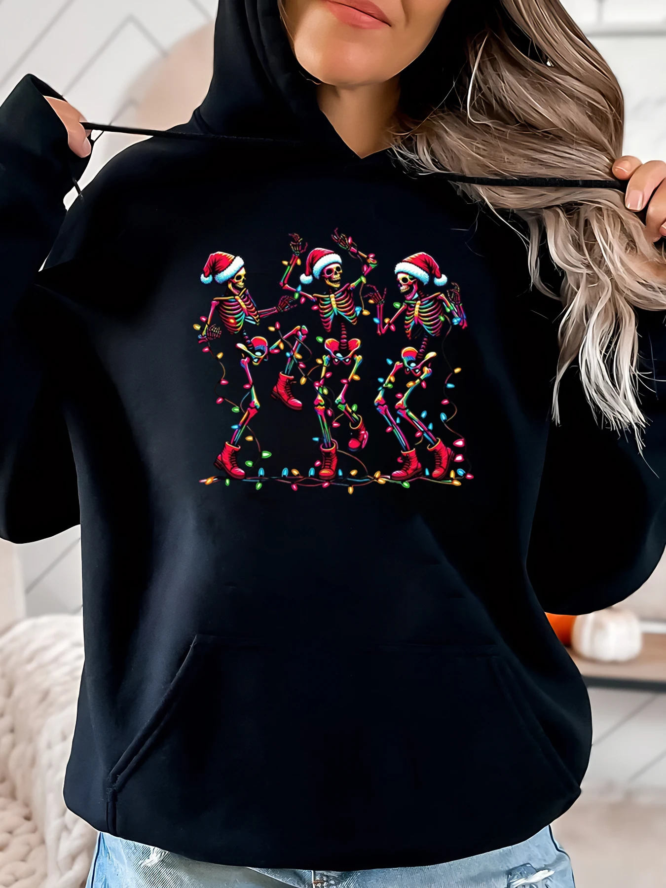 Skelette mit Weihnachtsbeleuchtung, Urlaubs-Hoodie für Damen, Freizeitkleidung, Schwarz, Übergröße
