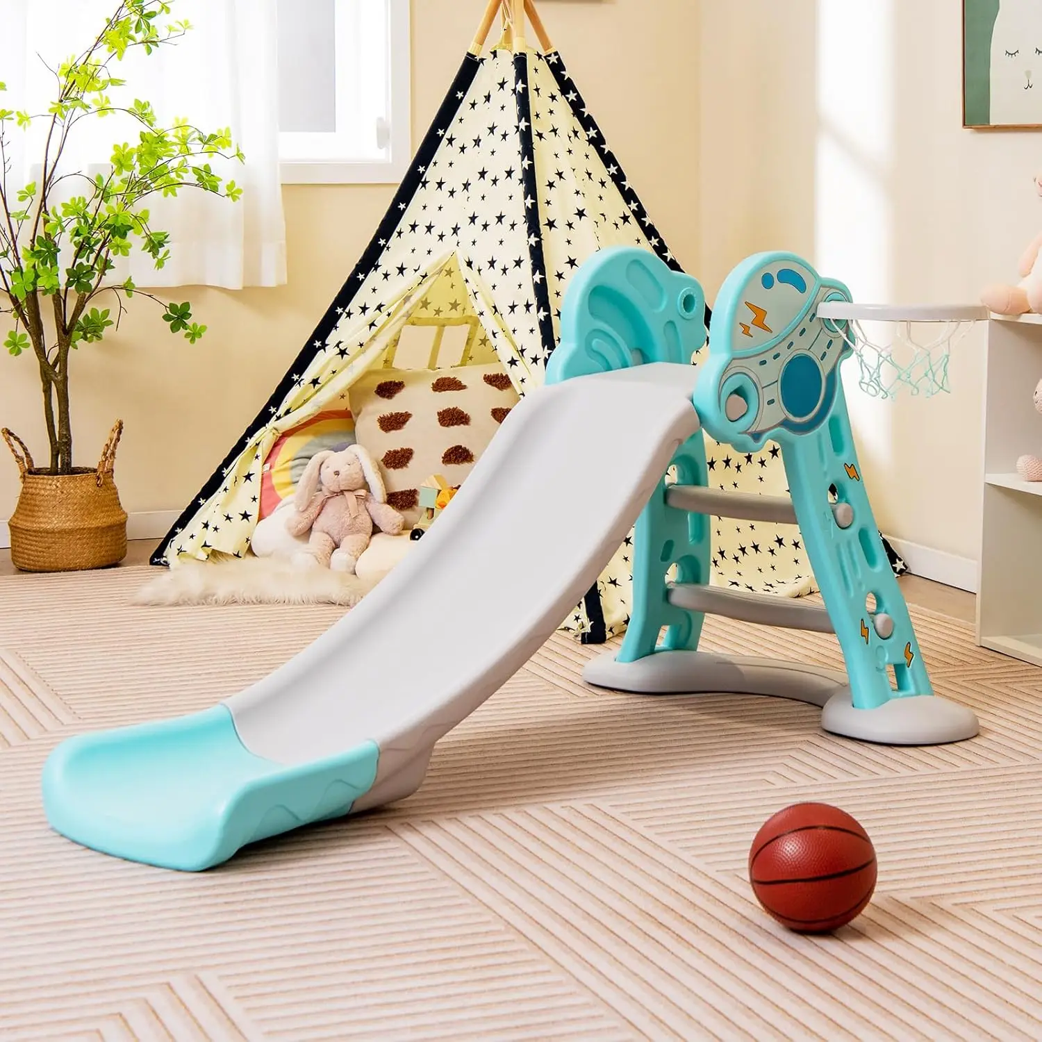 Kleinkind rutsche, 3 in 1 klappbares Baby-Rutschenkletterer-Spielset, freistehende Rutsche mit langer Rutsch neigung, Basketball korb, Innen a