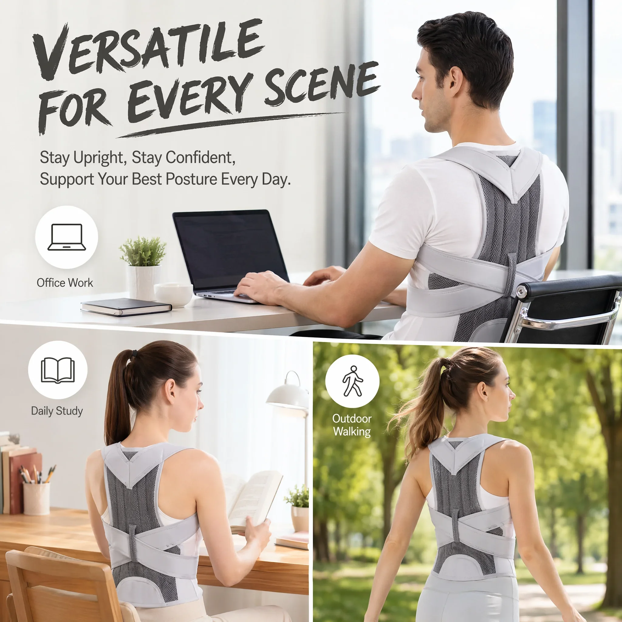 Adjustable Posture Corrector Back Support Brace for Men Women, Reinforced Lumbar Shoulder Spine Corrector Strap view 4