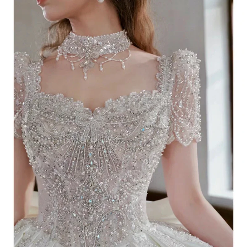 French Style Main Wedding Dress for Brides, Retro Style with A Large Tail, Embroidered with Nail Beads, Satin Wedding Dress