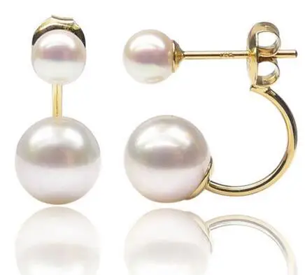 

noble jewelry Elegant 5-8.5MM White Real Akoya Double Pearl Butterfly Earrings 14K Yellow Gold