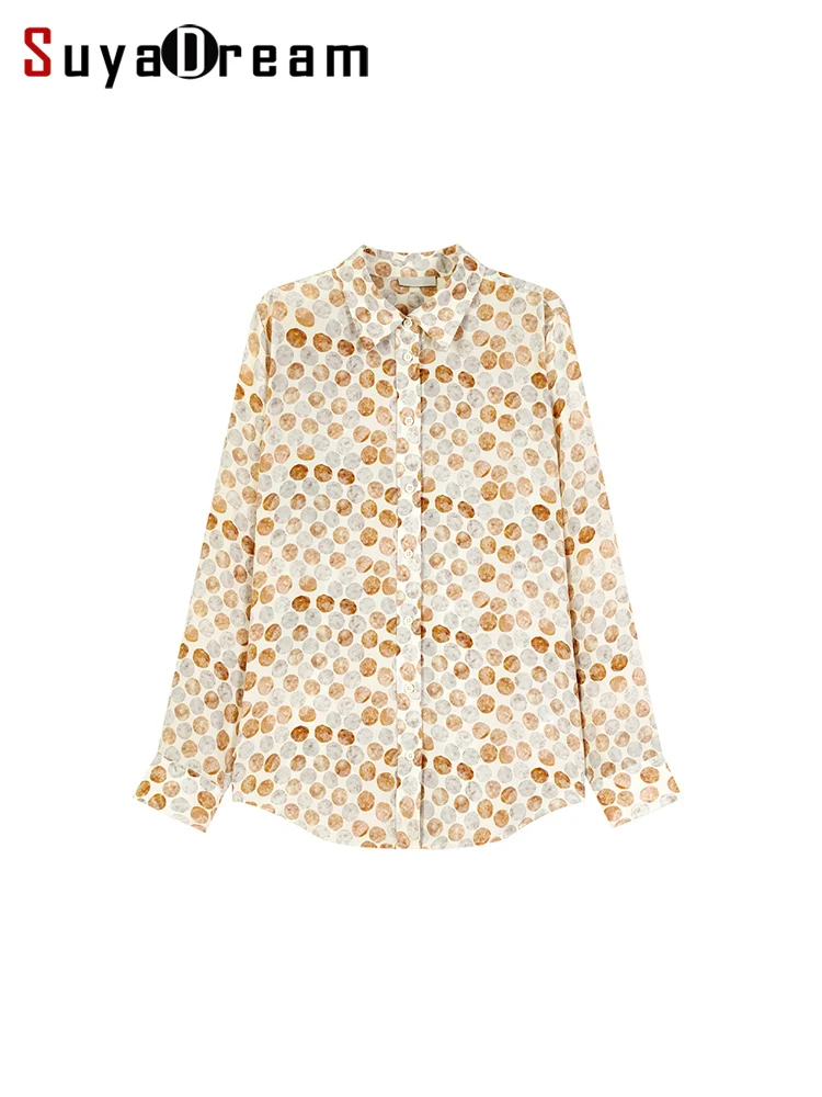 SuyaDreamm, Woman Dots Printed Shirts, 100%Silk Crepe, Turn Down Collar Blouses, 2024 Spring Summer Office Lady Top